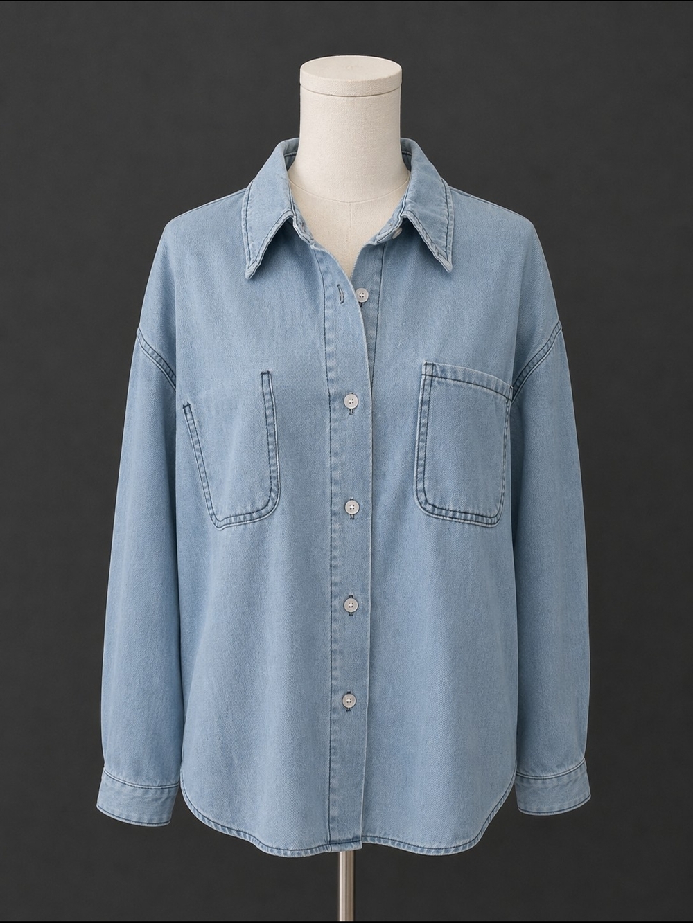 Women's Light Blue Denim Button-Down Shirt - Casual Chest Pocket Top
